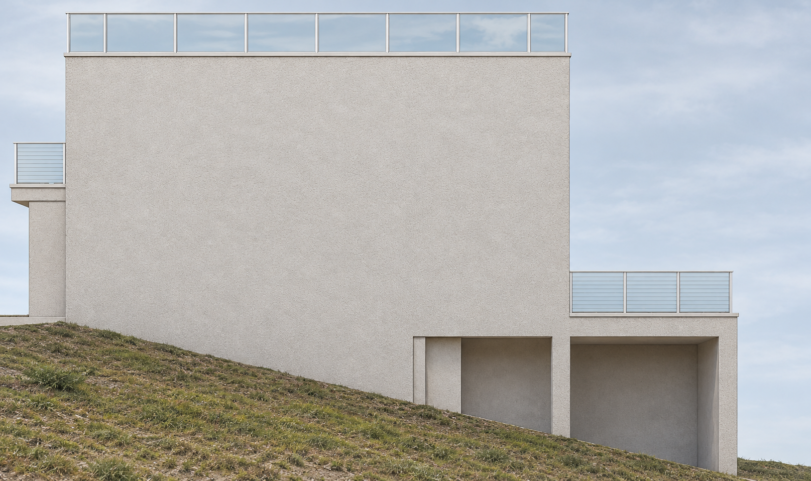 North elevation with blank wall, glass roof railing and sloping grade; no window or door openings